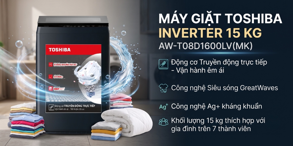 Máy giặt Toshiba 15 kg AW-T08D1600LV(MK) cửa trên với bảng điều khiển nút nhấn