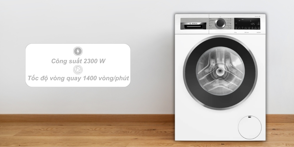 Máy giặt WGG25400VN vận hành với công suất 2300W và tốc độ quay 1400 vòng/phút