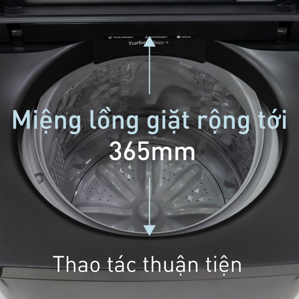 Thiết kế miệng lồng giặt rộng 365 mm thuận tiện cho việc lấy quần áo