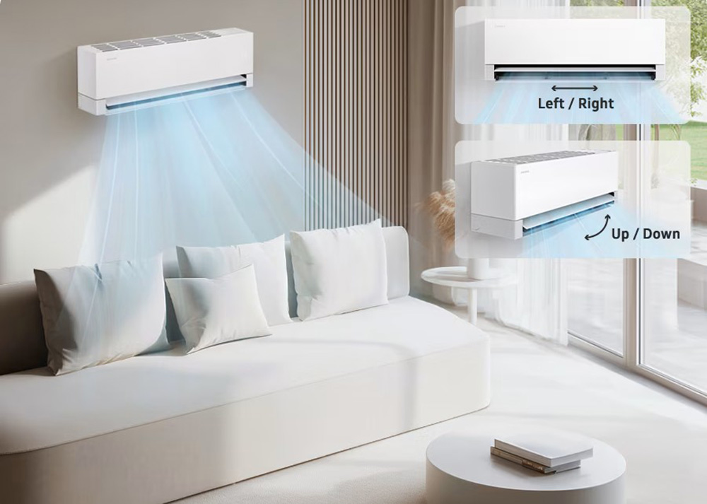 Đảo gió 4 hướng giúp luồng khí lạnh lan tỏa đồng đều khắp căn phòng
