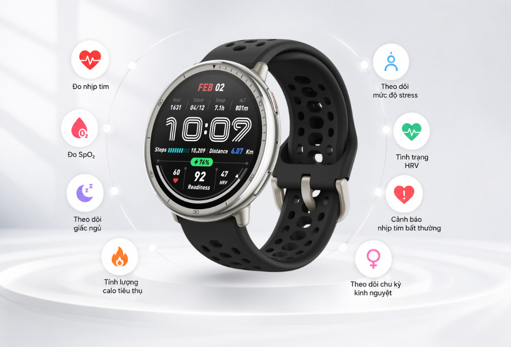 Amazfit Active 2 Round Đen Silicone theo dõi sức khỏe