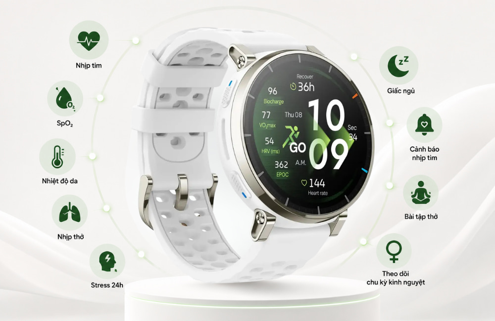 Amazfit Active 3 Premium 46mm Dây silicone Trắng theo dõi sức khỏe