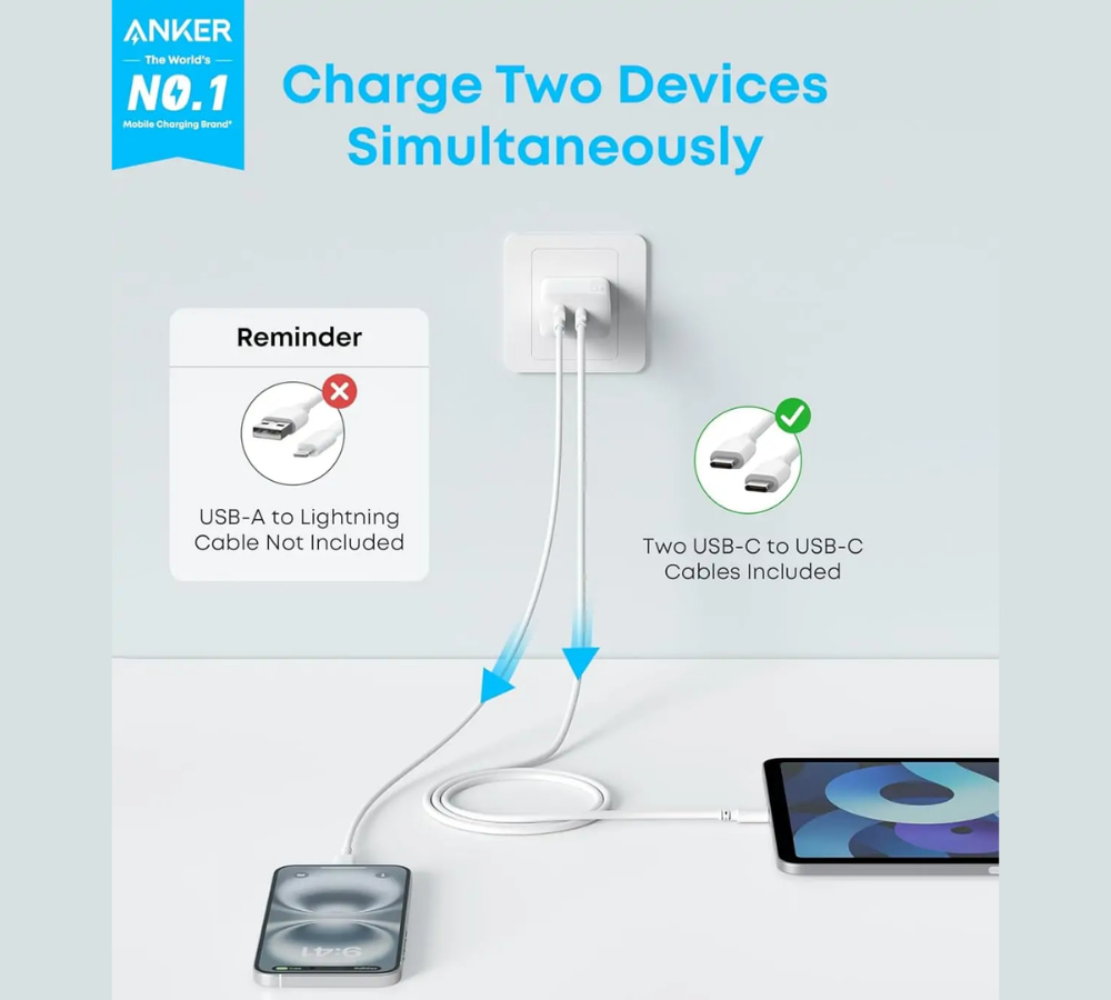 Củ sạc Anker 312 1C1A 20W (with USB-C Cable) Trắng với 3 cổng sạc