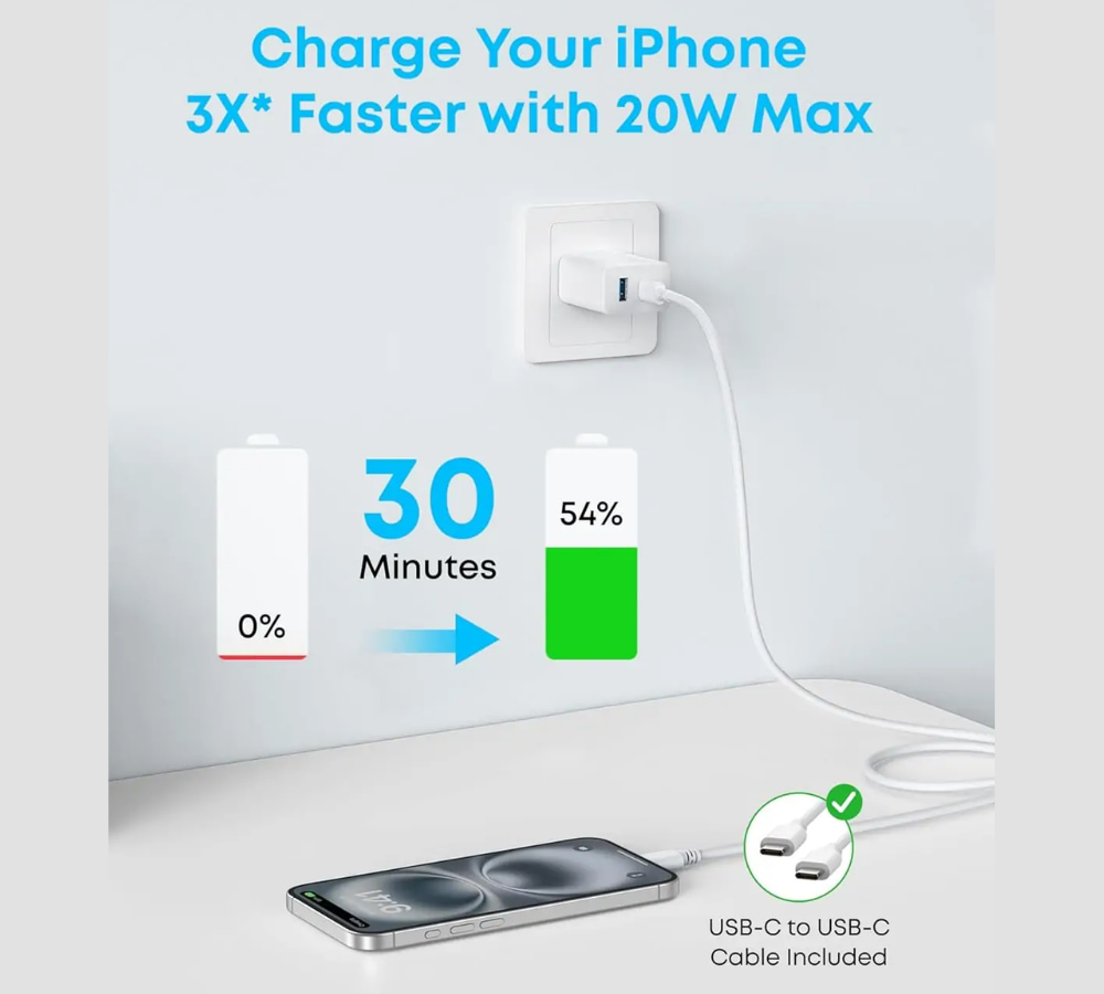 Củ sạc Anker 312 1C1A 20W (with USB-C Cable) Trắng sạc nhanh chóng