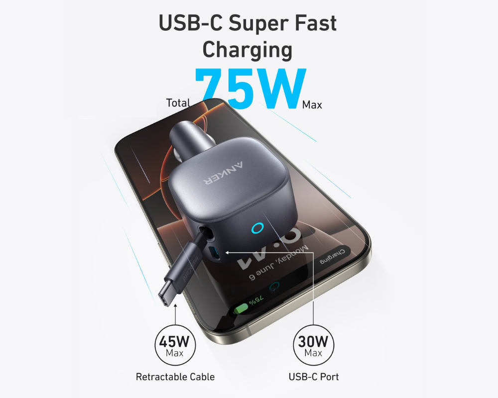 Tẩu sạc ô tô Anker Nano 1C 75W USB-C công suất lớn