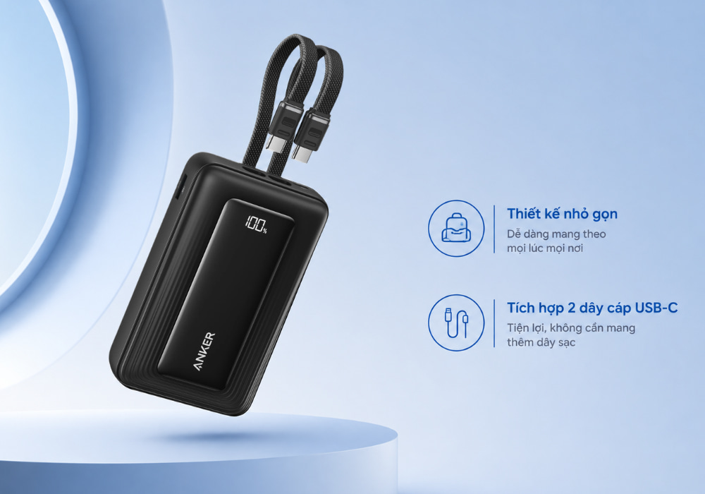 Pin Dự Phòng Anker Zolo 20000 45W - A110M (Tích hợp 2 Cáp)