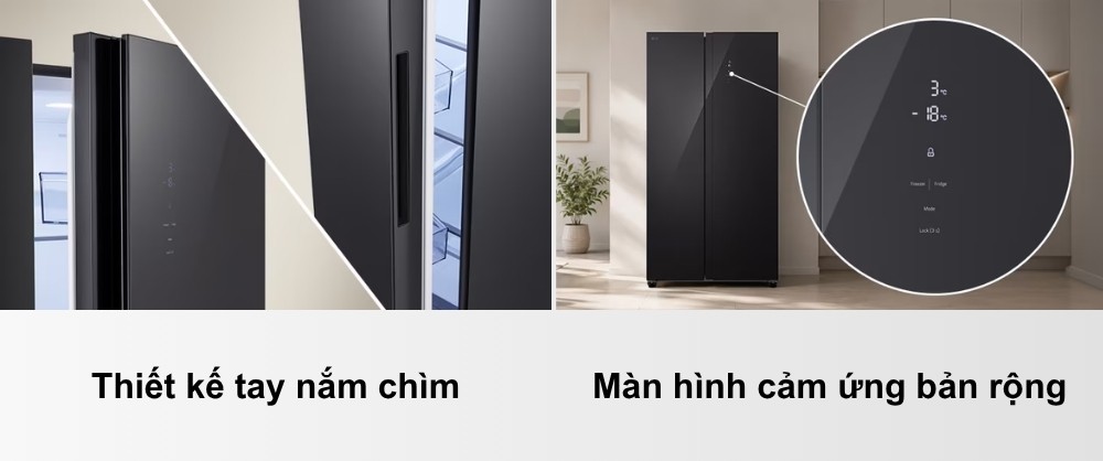 Màn hình cảm ứng bản rộng và tay nắm ẩn trên tủ lạnh LG 602 lít
