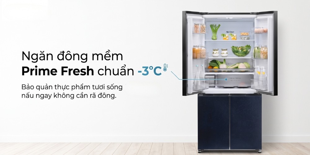 Ngăn Prime Fresh đông mềm -3°C, bảo quản thịt cá tươi ngon 7 ngày