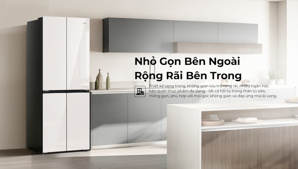 Thiết kế tủ lạnh Aqua AQR-M505XA(GC) nhiều cửa mặt kính sang trọng