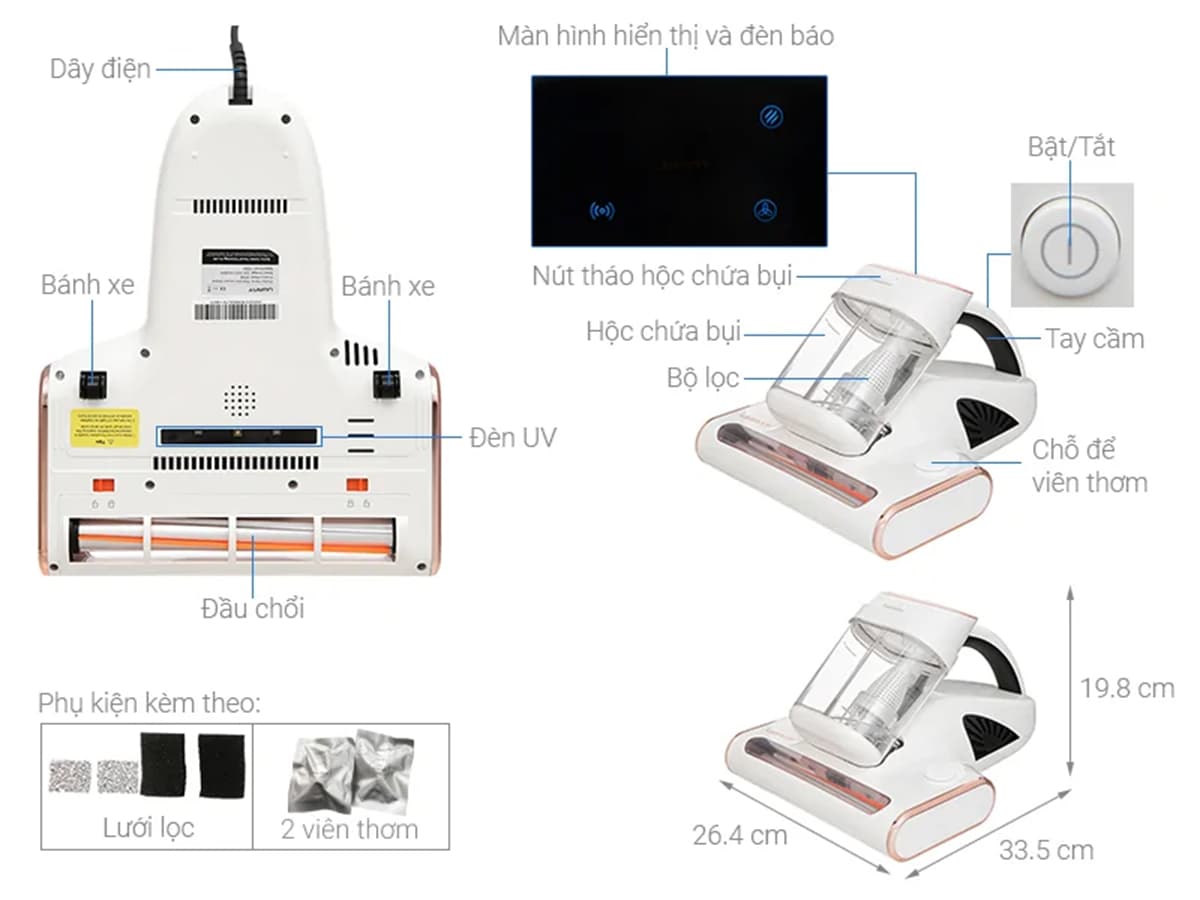 Cấu tạo của máy hút bụi đệm giường Uwant M300 màu trắng