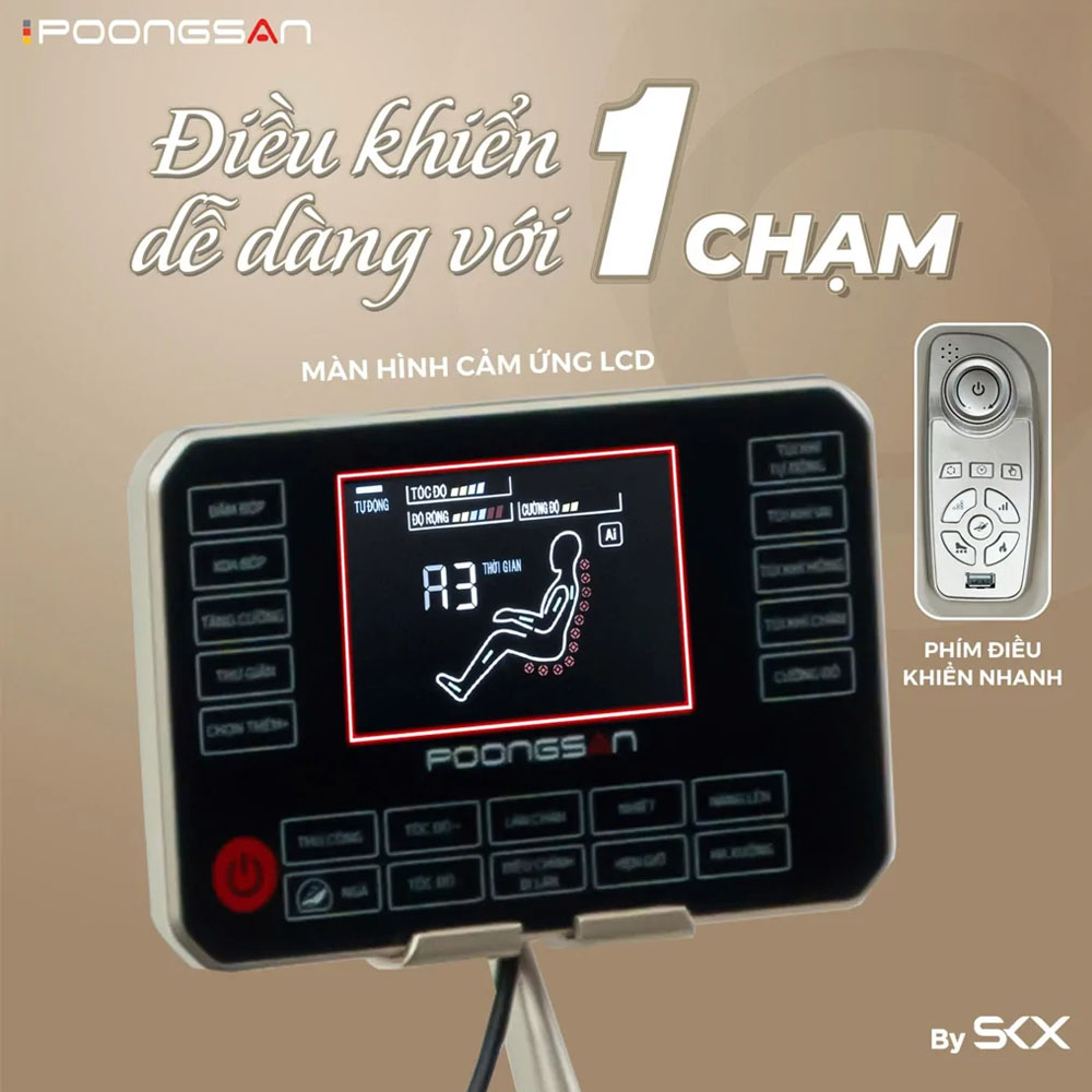 Màn hình cảm ứng LCD hiện đại, hiển thị rõ các chế độ massage