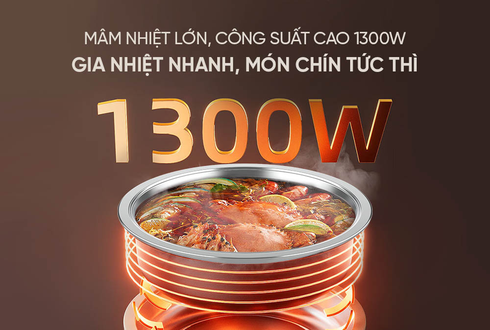Công suất 1300W kết hợp mâm nhiệt lớn giúp gia nhiệt nhanh chóng
