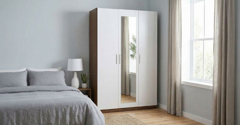 Tủ quần áo 3 cánh màu trắng phối viền vân gỗ tích hợp gương soi