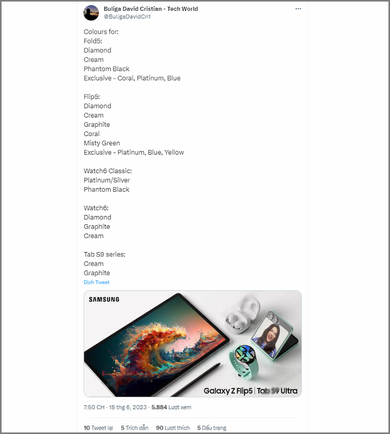 Bài đăng hé lộ màu sắc của Galaxy Z Fold 5, Z Flip5, Tab S9 và Watch 6