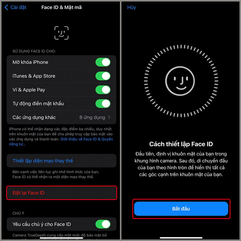 Thiết lập Face ID > Nhấn chọn Bắt đầu