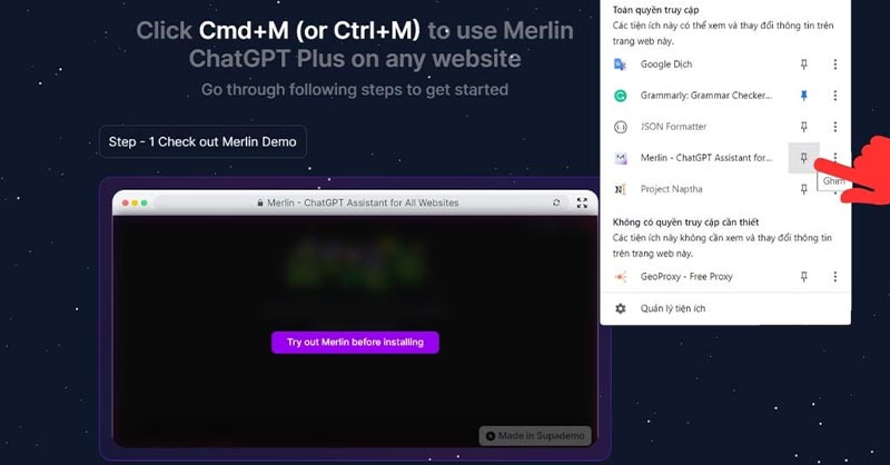 Ghim tiện ích Merlin ChatGPT để sử dụng