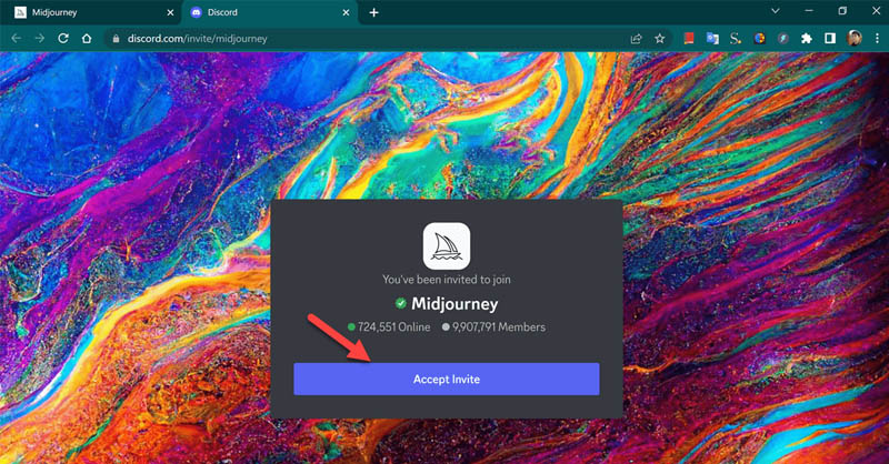 Chọn Accept Invite để xác nhận đồng ý lời mời của MidJourney