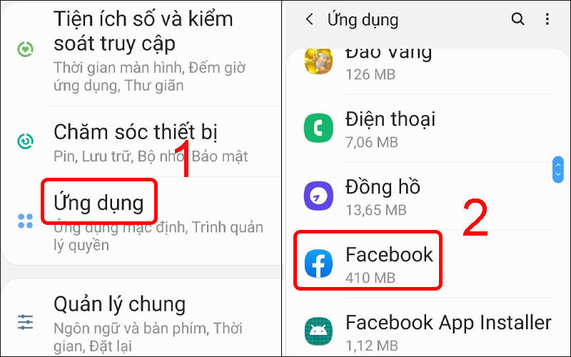 Chọn Ứng dụng và chọn Facebook trên điện thoại Android