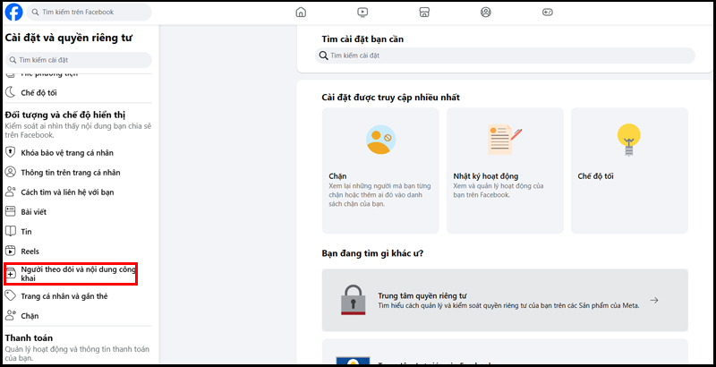 Mở Cài đặt Facebook trên máy tính chọn Người theo dõi và nội dung công khai
