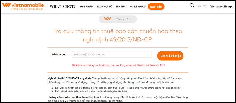 Đăng ký SIM chủ yếu mái ấm bên trên trang web Vietnamobile