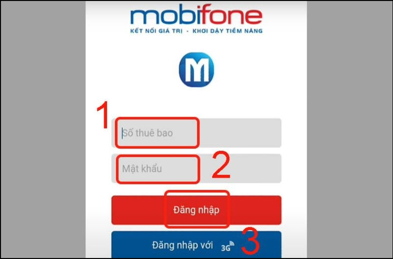 Nhập số điện thoại và mật khẩu để đăng nhập ứng dụng MobiFone