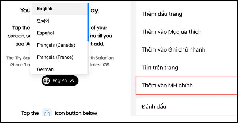 Đổi sang ngôn ngữ tiếng Anh và thêm Try Galaxy vào màn hình chính