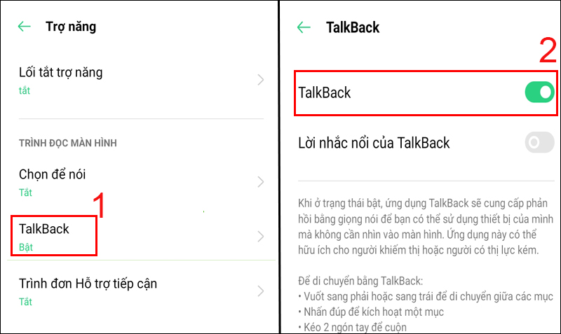 Gạt thanh ứng dụng để tắt Talkback trên điện thoại OPPO