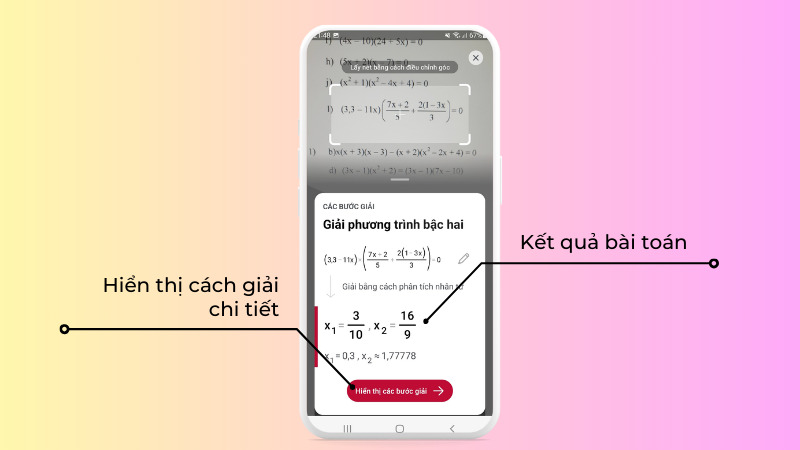 Kết quả hiển thị nhanh chóng và người dùng có thể xem cách giải chi tiết