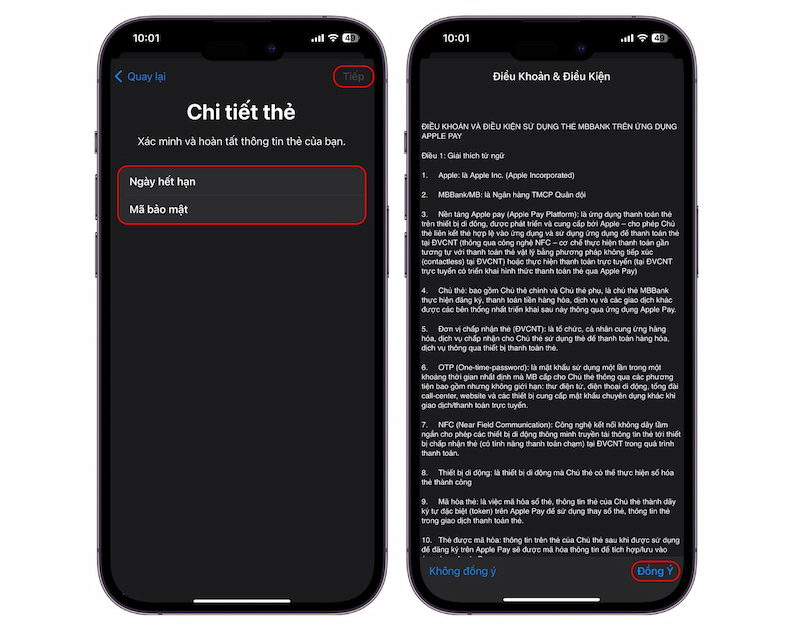 Nhấn Đồng ý để tiếp tục thêm thẻ vào Apple Pay