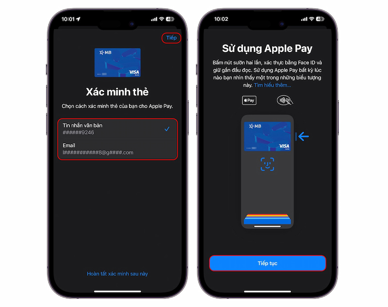 Nhấn Tiếp tục để hoàn thành thêm thẻ vào Apple Pay