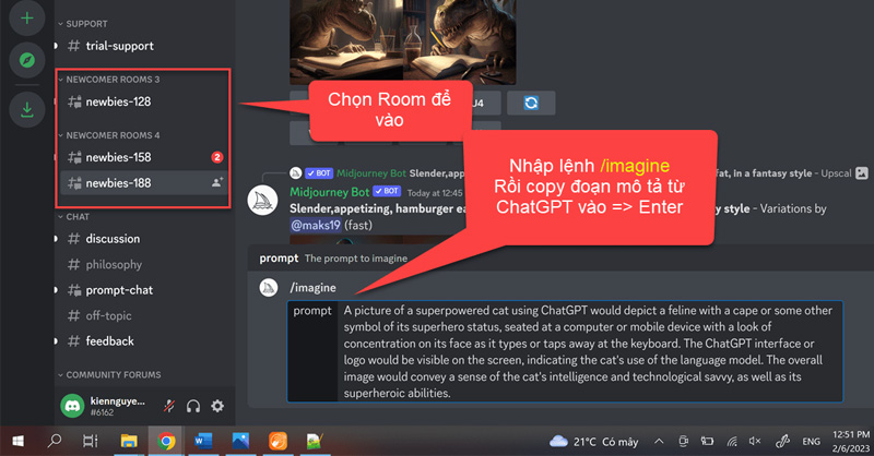 Nhập lệnh "/imagine" vào khung chat để tạo ảnh AI