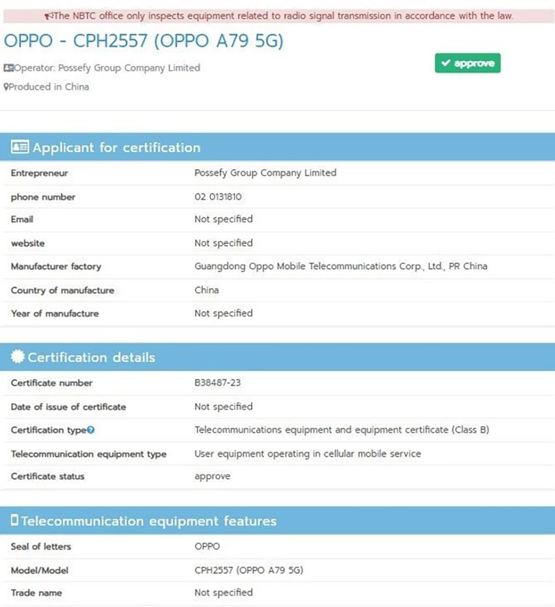 OPPO A79 5G được phê duyệt bởi NBTC