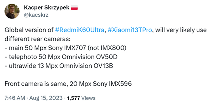 Thông số rò rỉ về cấu hình camera của Xiaomi 13T Pro