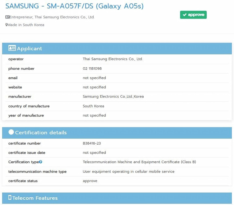 Thông tin Samsung Galaxy A05s trên chứng nhận NBTC