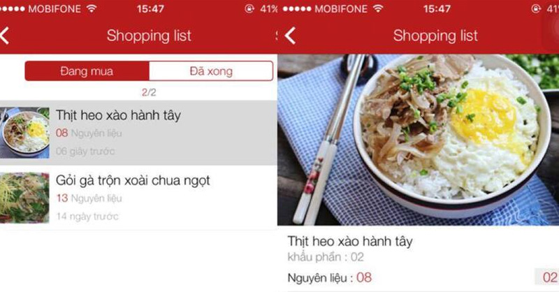 Tính năng Shop List giúp ghi chú nguyên liệu cần mua