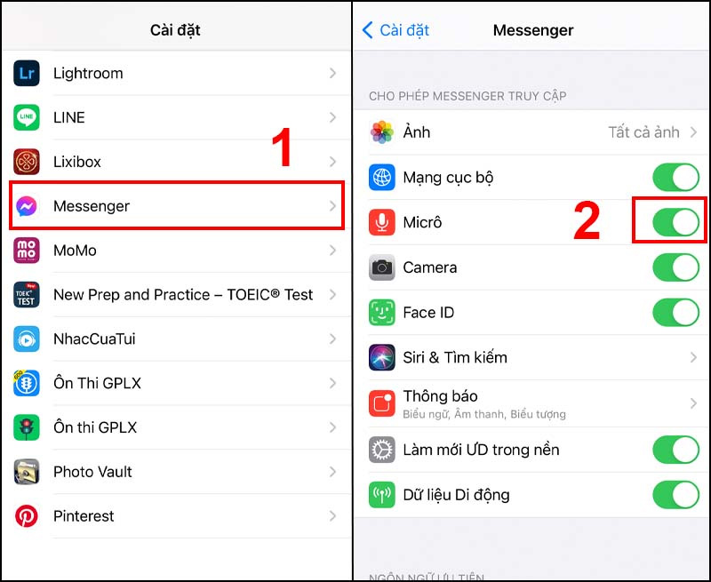 Truy cập vào mục Cài đặt, chọn Messenger và nhấn vào nút bật Micro