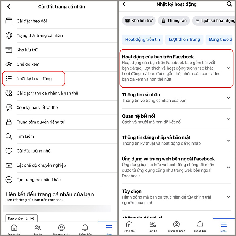 Vào Nhật ký hoạt động và nhấn vào Hoạt động của bạn trên Facebook