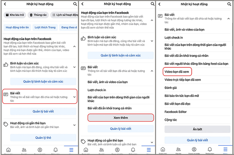 Chọn “Bài viết” > Chọn “Xem thêm” > Chọn “Video bạn đã xem”