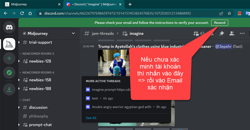Xác nhận tài khoản Discord để chuyển dến trang MidJourney