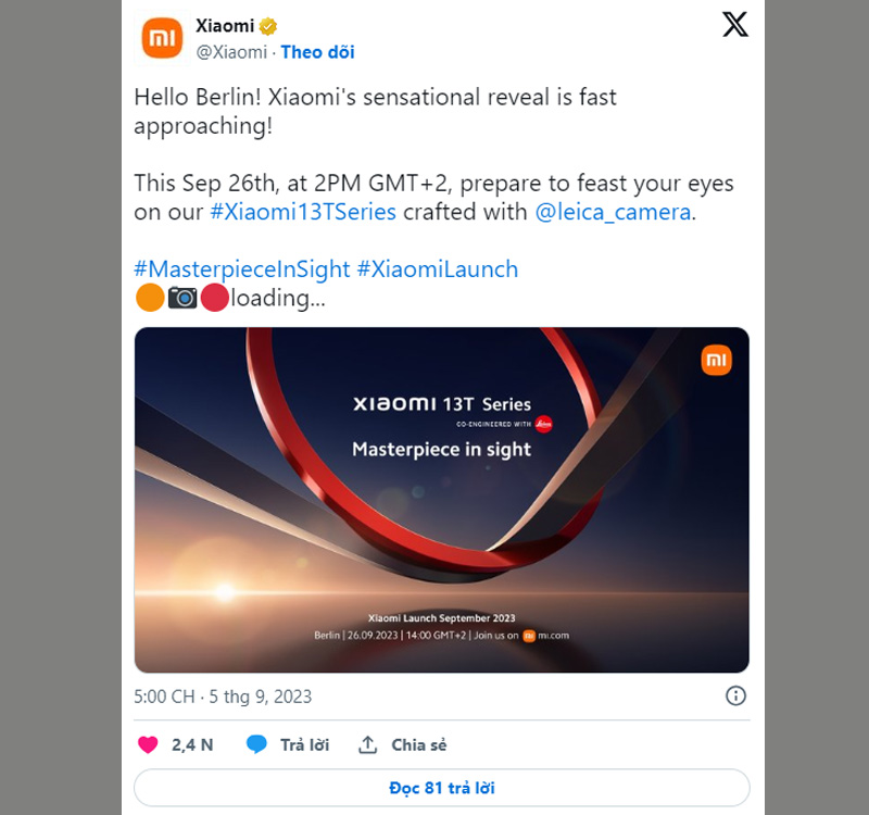 Xiaomi xác nhận về thời điểm ra mắt của Xiaomi 13T Series trên X