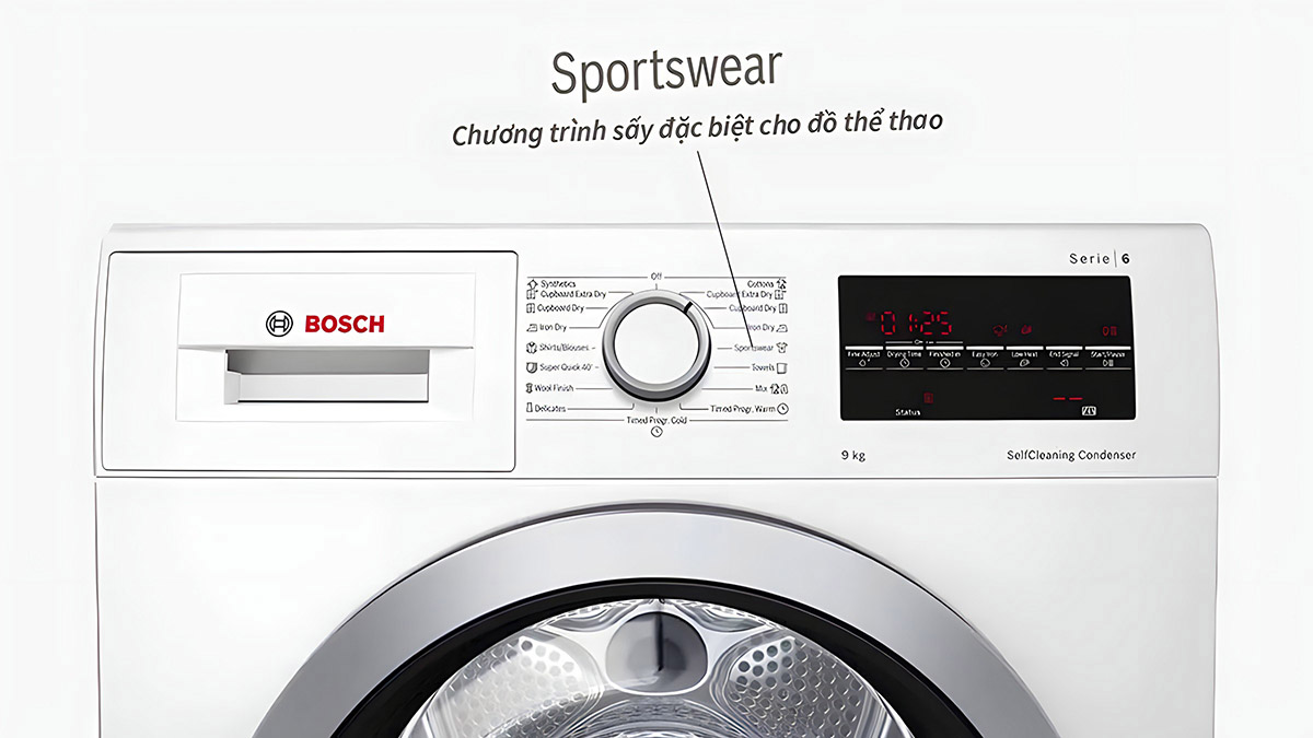 Chương trình sấy đặc biệt SportsWear trên máy sấy bơm nhiệt Bosch WTW85400SG