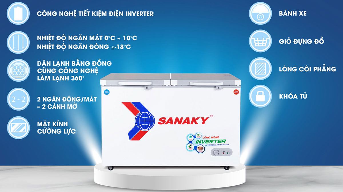 Tủ Đông Mát Sanaky Inverter VH-4099W4K có thiết kế 2 ngăn 2 cánh tiện lợi
