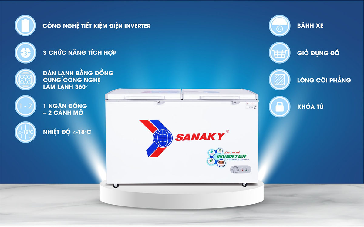 Tủ Đông Sanaky Inverter 410 Lít VH-5699HY3 có thiết kế 1 ngăn đông, 2 cửa mở