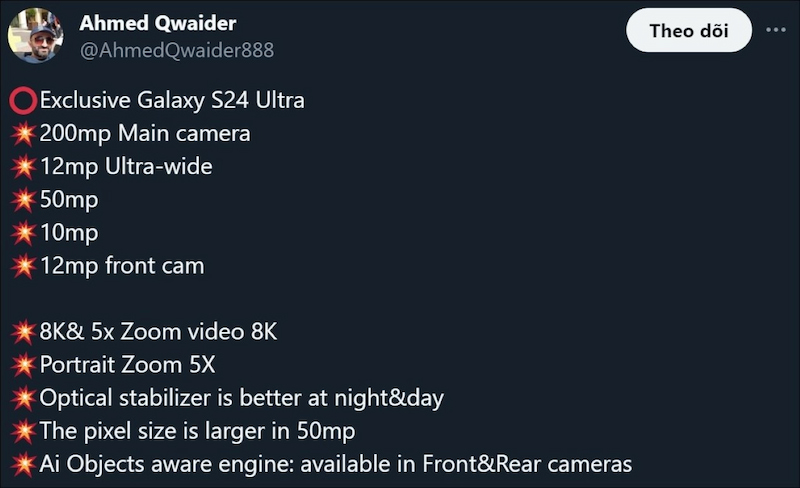 Dự đoán về thông số và tính năng camera trên Galaxy S24 Ultra