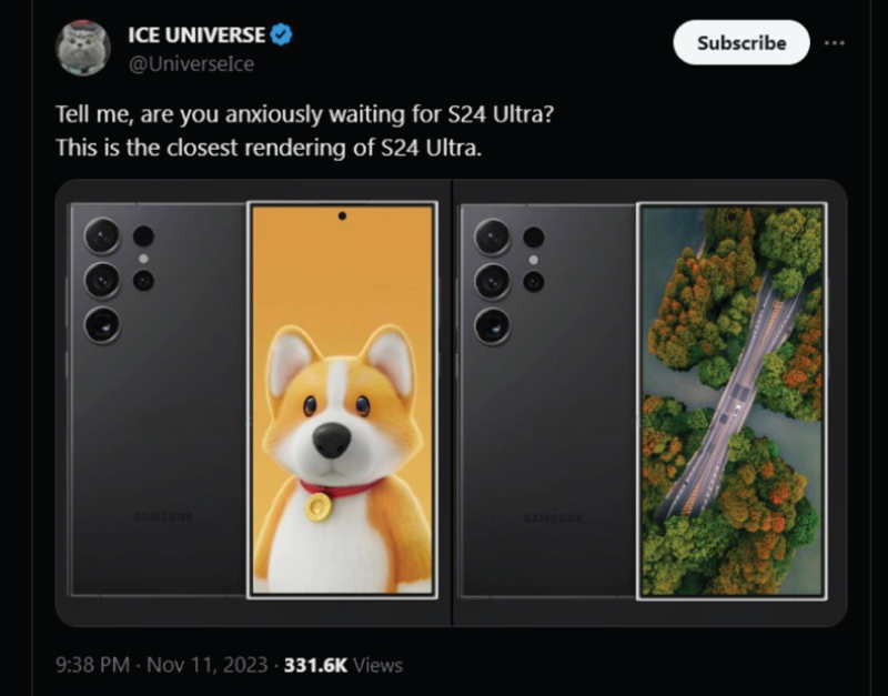Hình ảnh render Galaxy S24 Ultra được đăng tải trên tài khoản Ice Universe