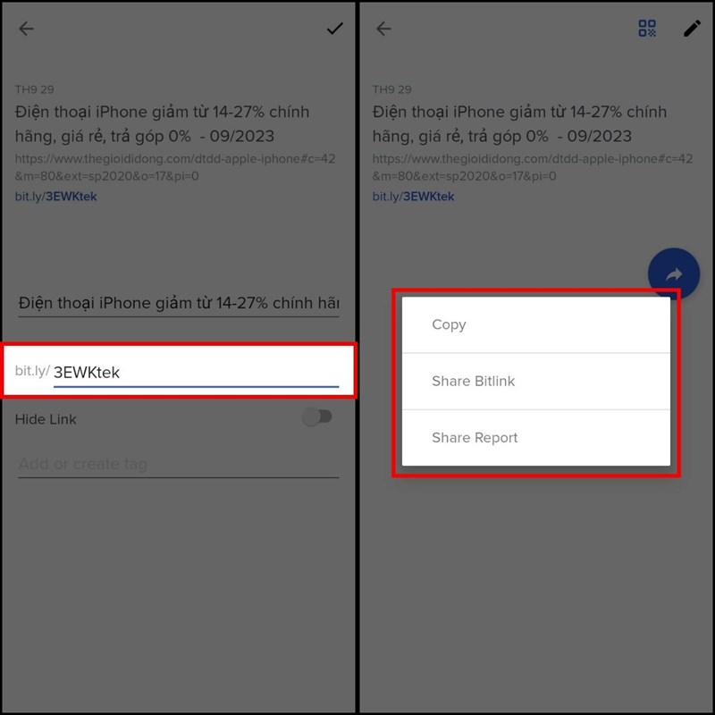 Thay đổi tiêu đề link, chọn dấu mũi tên để copy hoặc chia sẻ link vừa rút gọn