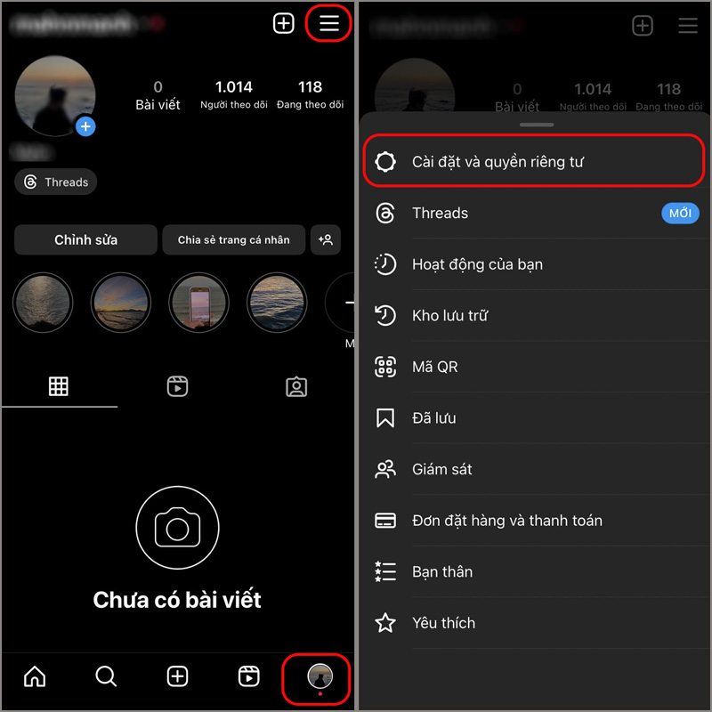 Chọn Cài đặt và quyền riêng tư trên Instagram