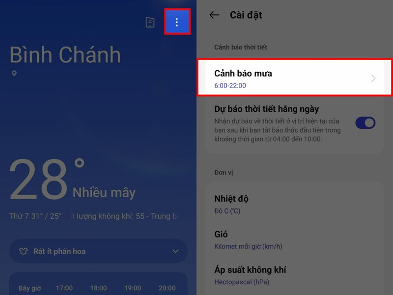 Chọn Cảnh báo mưa trên điện thoại OPPO