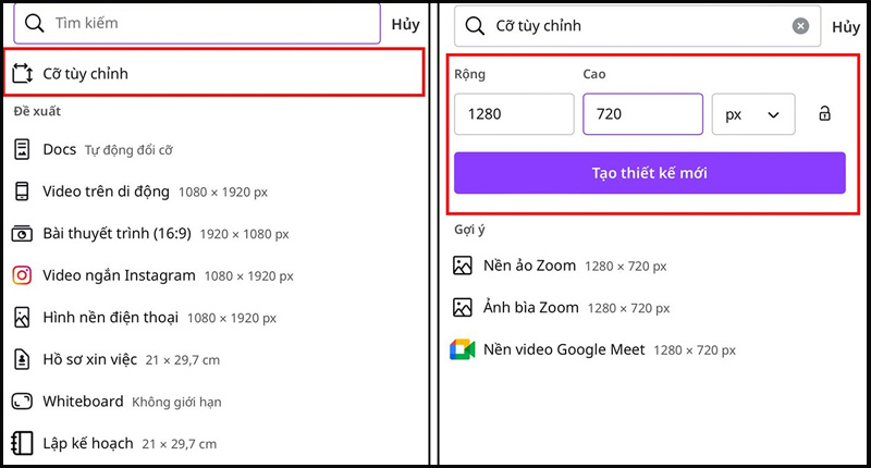 Chọn Cỡ tùy chỉnh và chọn Tạo thiết kế mới