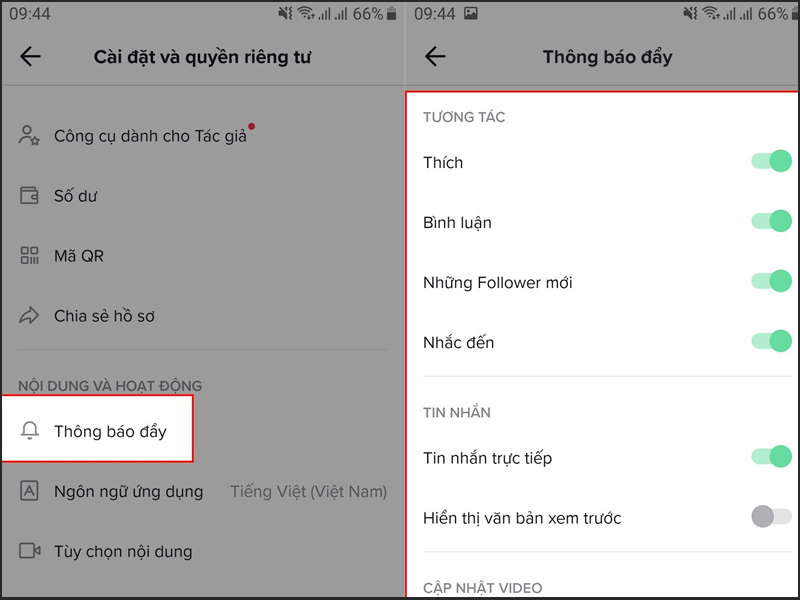 Chọn Thông báo đẩy và chọn loại thông báo trên TikTok muốn tắt đi
